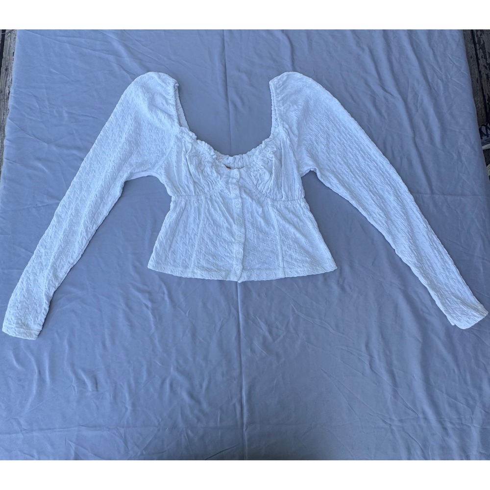 Free People off white Textured Sweetheart Button Front Smocked Top Medium